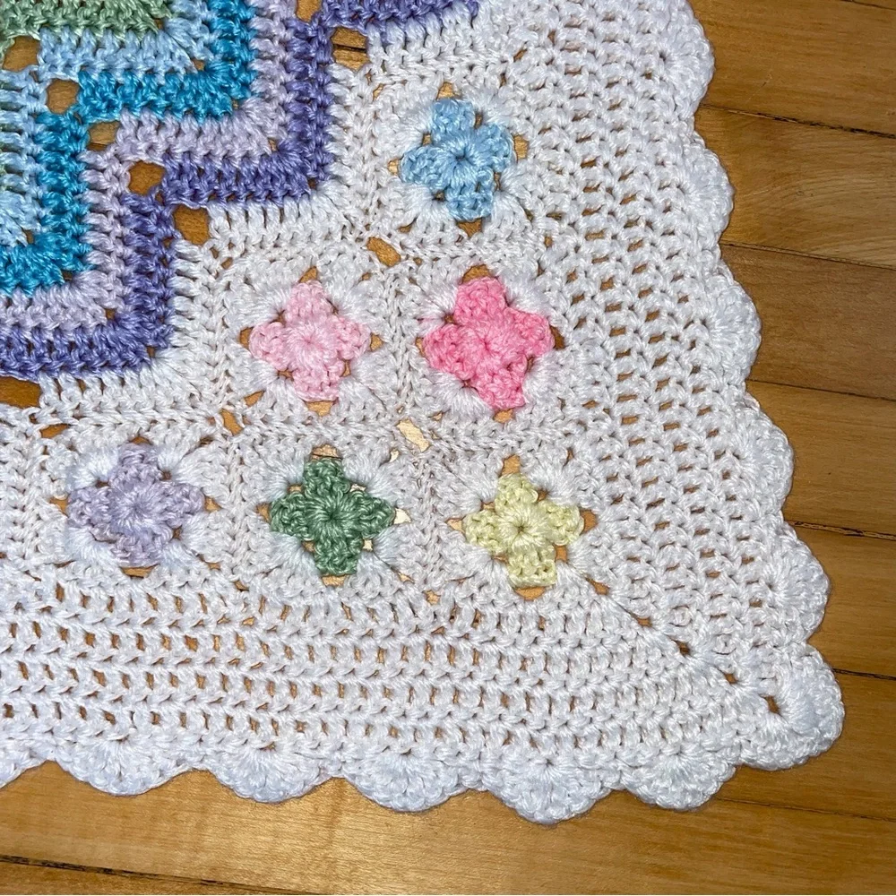 Crochet Handmade Pastel Rainbow Baby Blanket Corner Flower Detail Nursery 36X36